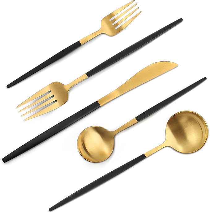Matte Black Gold Silverware Set, 40-Piece Stainless Steel Flatware Set, Satin Finish tableware Cutlery Set, Service for 8, Home and Restaurant, Dishwasher Safe…