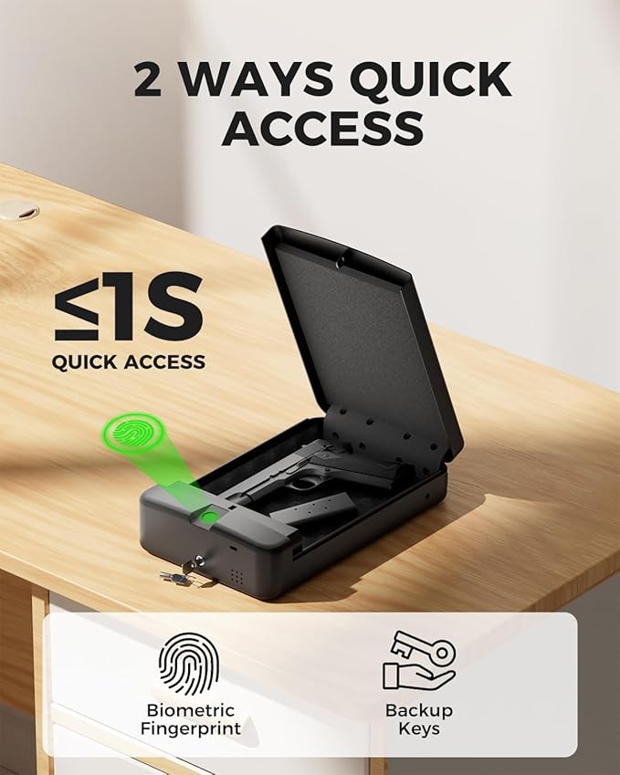 Biometric Gun Safe Travel Case for Pistol, Easy Edition, Quick Access with Smart Fingerprint and Keys, Portable Handgun Safe for Home Bedside Nightstand Car