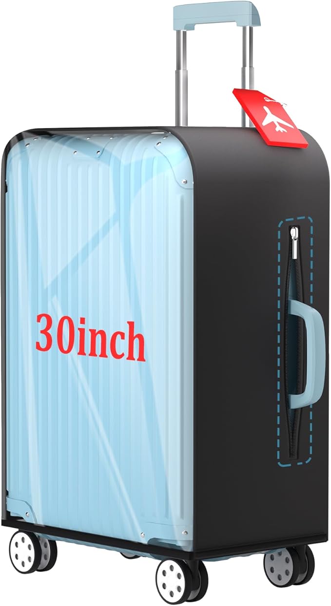 Upgraded Clear TPU Luggage Cover Protector with Black Stretchable Sides, Fit 30 Inch Travel Suitcase TSA Approved, Waterproof & Anti-Scratch, Includes Free Red Luggage Tag