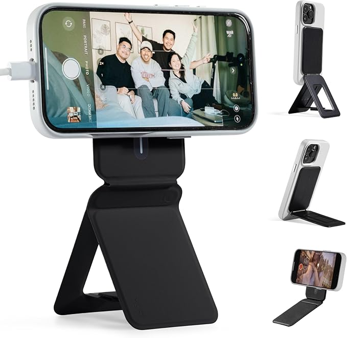 MOFT Phone Tripod Stand Selfie Stick for iPhone, Multi-Angles iPhone Stand, Lightweight & Portable Phone Holder, Strong Magnets, MOVAS Vegan Leather, Travel Essentials, Jet Black (Without Card Slot)