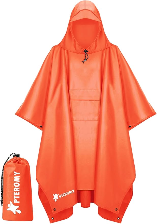 PTEROMY Hooded Rain Poncho for Adult with Pocket, Waterproof Lightweight Unisex Raincoat for Hiking Camping Emergency