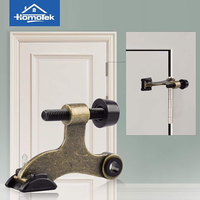 HOMOTEK 2 Pack Hinge Pin Antique Brass Door Stopper, Adjustable Deluxe Heavy Duty Door Stopper 2-1/2"x1-3/4”, with Black Rubber Bumper Tips