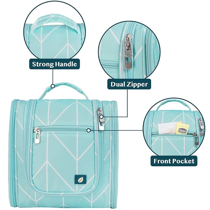 PAVILIA Toiletry Bag Travel Bag for Women Men, Hanging Cosmetic Organizer, Water Resistant Makeup Bag for Accessories Toiletries, Large Travel Essentials Kit (Teal Chevron)