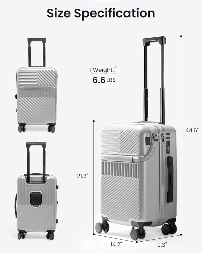 UrbanExplorer 20 Inch Carry-On Luggage with Front Opening, Cup Holder & USB Port, Lightweight ABS+PC Hardshell Spinner Suitcase, Airline Approved, 360° Wheels, Black