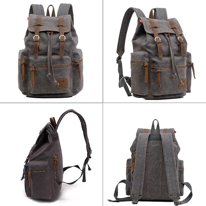 AUGUR High Capacity Canvas Vintage Backpack - for Camping Hiking Travel 12-15" Laptop Rucksack School Backpack (M-Gray)
