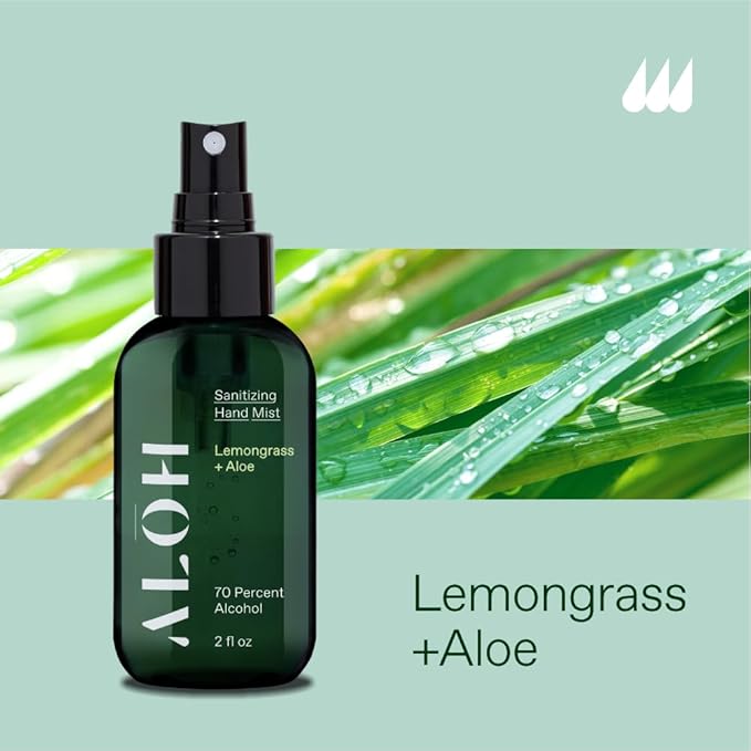 ALOH Hand Sanitizer Spray Liquid 3-pack | Lemongrass | 70% Alcohol Hydrating Hand Sanitizer Spray with Essential Oil, for Kids & Adults | 2oz Travel Size Bottle