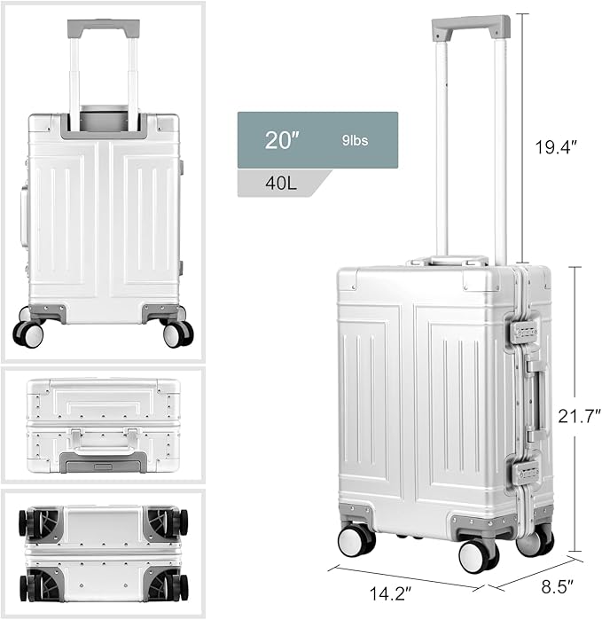 All Aluminum 20'' Luggage with Removable Spinner Wheels,Provide Spare Wheels.Carry on Luggage 22 x 14 x 9 Airline Approved Lightweight Metal Hard Shell Zipperless Suitcase