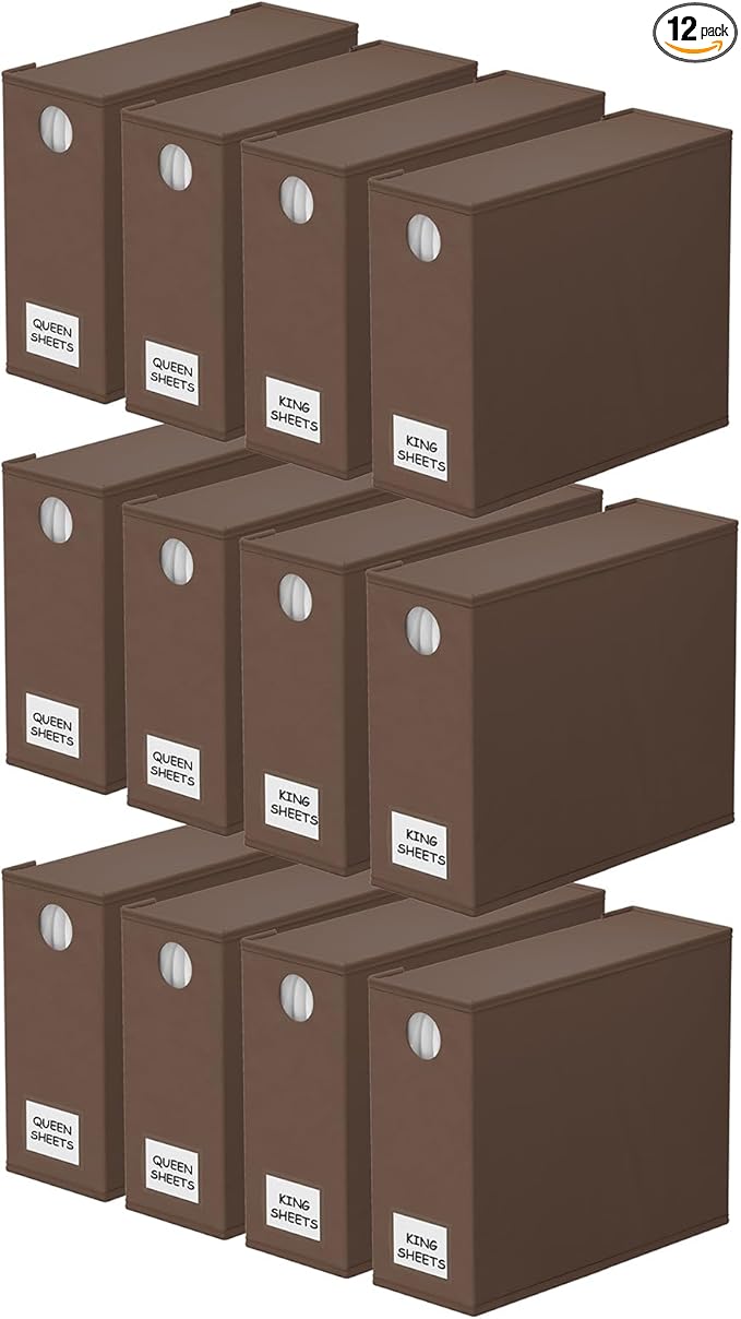 SpaceAid 12 Pack Bed Sheet Organizers and Storage, Foldable Sheet Organizer for Linen Closet, Sheets Set Folder Keeper with Window XL (Queen & King Size) Bedding Container (Brown, 12 Pack)