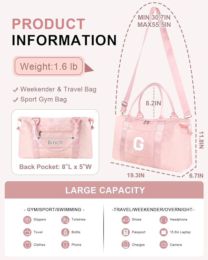 Initial Travel Duffel Bag Sports Gym Bag for Girls Teen Birthday Gifts,Pink Personalized Weekender Bag Carry On Tote Bags for Women Men,Waterproof Overnight Luggage Bag with Trolley Sleeve(Letter G)