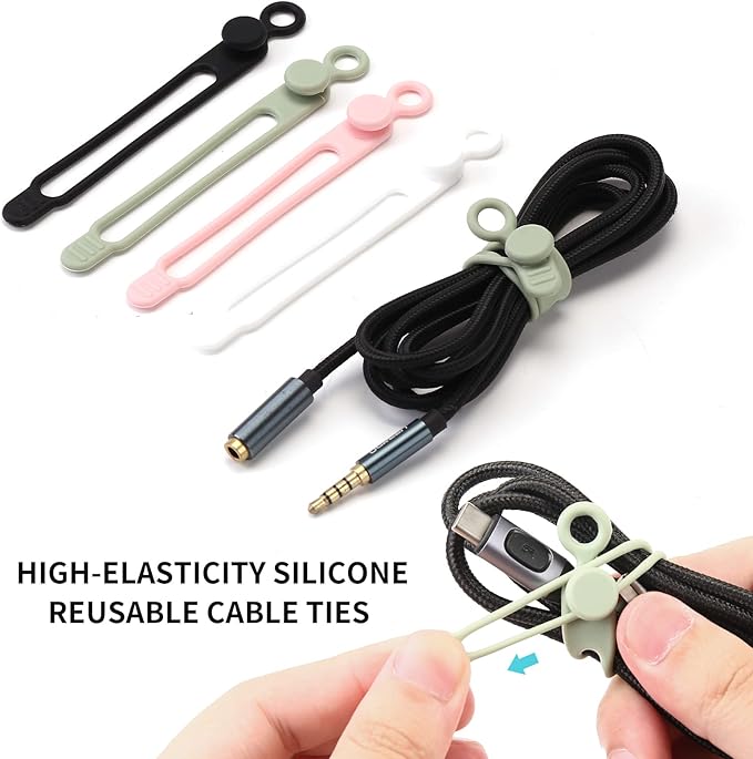 20pcs Silicone Cable Ties,Reusable Cable Management Organizer, Wire Ties，Travel Cord Ties，Cord Organizer for Bundling Cable Cords in Home,Office,Kitchen,School(White Black)