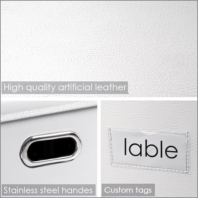 PRANDOM Collapsible Storage Box with Lid [3-Pack] Leather Fabric Foldable Storage Bin Organizer Container Basket Cube with Cover for Home Bedroom Closet Office Nursery White(22.8X15.7X11.8)