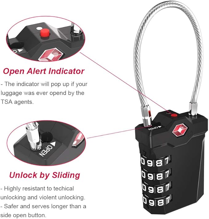 ZHEGE TSA Approved Luggage Lock, Travel Lock, 10,000 Combination Options, 5.5in Flexible Cable, Easy to Use, Secure & Solid, Suitable for Suitcase, Backpack, Briefcase (1 Pack, Black)