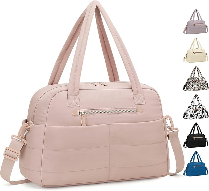 Travel Duffle Bag,Puffer Carry On Duffel Bag with Laptop Compartment Waterproof Overnight Weekender Bags for Women Large Hospital Tote Bags for Labor and Delivery (Medium,Pink)