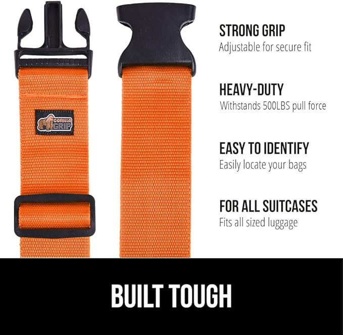 GORILLA GRIP Heavy Duty 4 Pack Adjustable Luggage Straps for Suitcases, Easy to Identify Travel Belt Connector Holds Suitcase Together, Extends Life of Bag, Strap Connects Two Bags, Accessories Orange