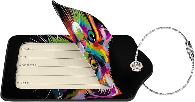 Cat Leather Luggage Tag with Stainless Steel Ring, Fun Name Id Card Cover Travel Bag Tag Set, Suitable for Travel Bag Luggage Women Men 4 PCS
