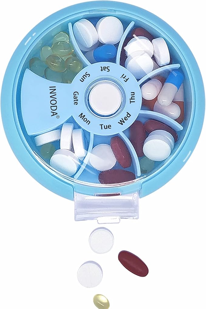 INVODA Weekly Pill Organizer 7 Compartment Rotating Pill Box for Daily Medication & Vitamins - Portable Travel Pill Case Fish Oil Supplements Vitamins Organizer (Blue+Bag)