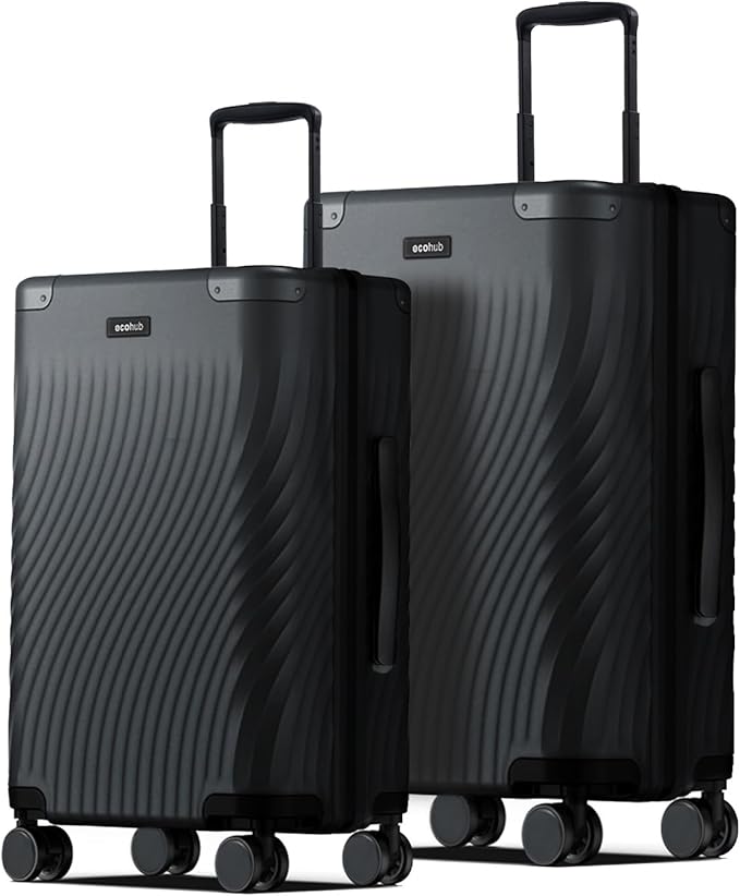 ECOHUB Hardside Expandable Carry On Luggage Sets, Recycled PC 20/24" Rolling Luggage Airline Approved with Spinner Wheels & TSA Lock, Lightweight Hardshell Travel Suitcase, 20+24 inch Carry-on Black