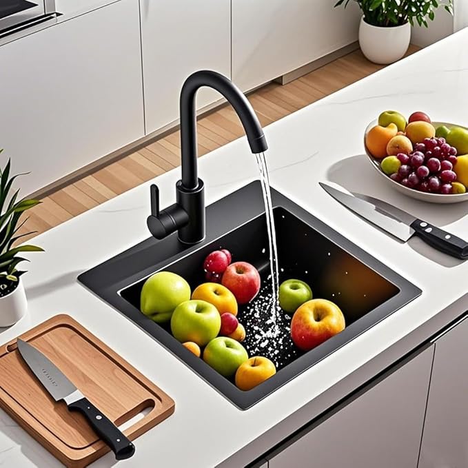ARTLINE 15 x 20 Inch Black Drop in Bar Sink, Stainless Steel Single Bowl Kitchen Sink, Small Topmount 9 Inch Deep Wet Bar sink for Outdoor Prep RV Yard Laundry Utility with Dish Grid & Drain