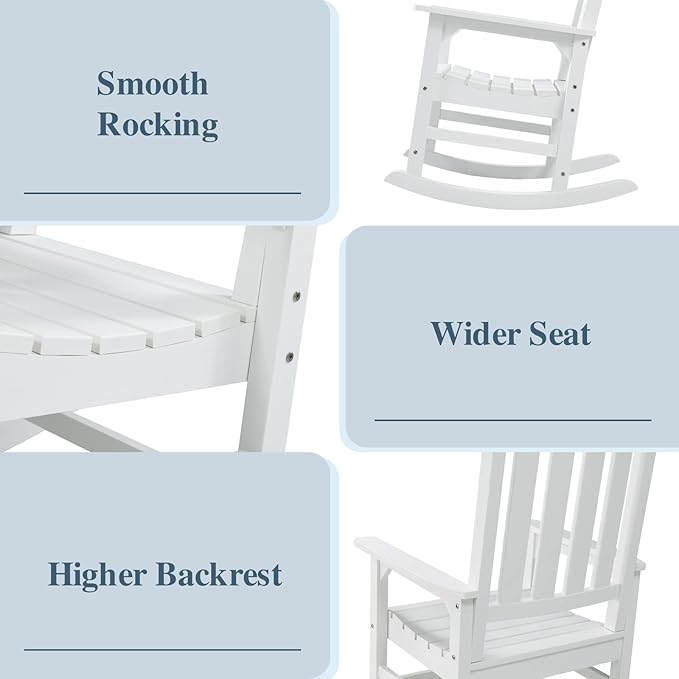 Psilvam Oversized Outdoor Rocking Chair Set of 2, Porch Rocker with 21" Wide Seat and 32" Tall Backrest, Pre-Assembled with Most Components for Effortless Installation (White)