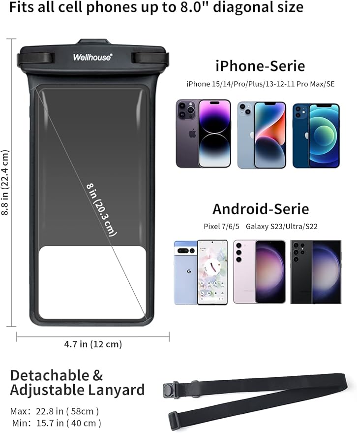 wellhouse Waterproof Phone Pouch, Waterproof Phone Case for iPhone 16 15 14 13 12 Pro Max XS Samsung, IPX8 3D Cellphone Dry Bag Beach Essentials (2 Pack - Black & White8.0, 8 inch)