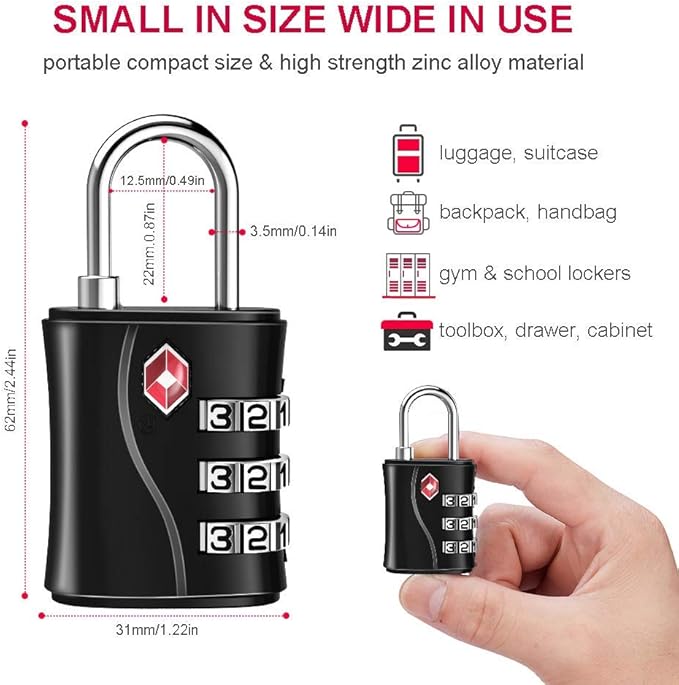 ZHEGE TSA Locks for Luggage, 3 Digit Luggage Lock with Flexible Cable (80cm) for Travel, School, Backpack, Suitcases, Gym Locker (Black, 2Pack)