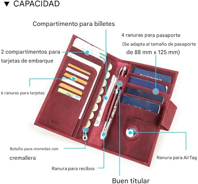 CONTACTS Full Grain Leather Family Passport Holder for 4 Womens Airtag Passport Wallet RFID Blocking Travel Passport Cover with 4 Passport Slot, 6 Card Slot (Red)