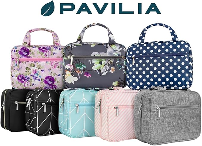 PAVILIA Hanging Toiletry Bag Travel Bag Women Men, Foldable Cosmetic Organizer, Roll up Makeup Bag, Water Resistant Accessories Toiletries, Large Travel Essentials Kit (Black Gold)
