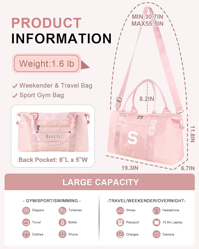 Initial Travel Duffel Bag Sports Gym Bag for Girls Teen Birthday Gifts,Pink Personalized Weekender Bag Carry On Tote Bags for Women Men,Waterproof Overnight Luggage Bag with Trolley Sleeve(Letter S)