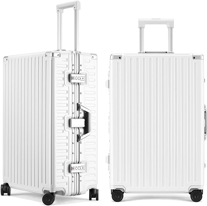 ROAMING Zipperless Luggage 24 Inch with Aluminum Frame, 3-Layer PC Trunk-Medium Lightweight Hard Shell Suitcase with Spinner Wheels, Metal Travel Luggage with Double TSA Locks, Shell white