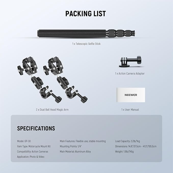 NEEWER Motorcycle Camera Mount Kit, Bicycle Handlebar Invisible Selfie Stick with Dual Ball Heads, Super Clamps, Action Camera Adapter Compatible with GoPro Insta360 DJI AKASO Action Cameras, GP-30