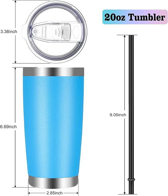 VEGOND 20oz Tumbler with Lid and Straw Stainless Steel Tumbler Cup Bulk Vacuum Insulated Double Wall Travel Coffee Mug Powder Coated Coffee Cup(Sky Blue 6 Pack