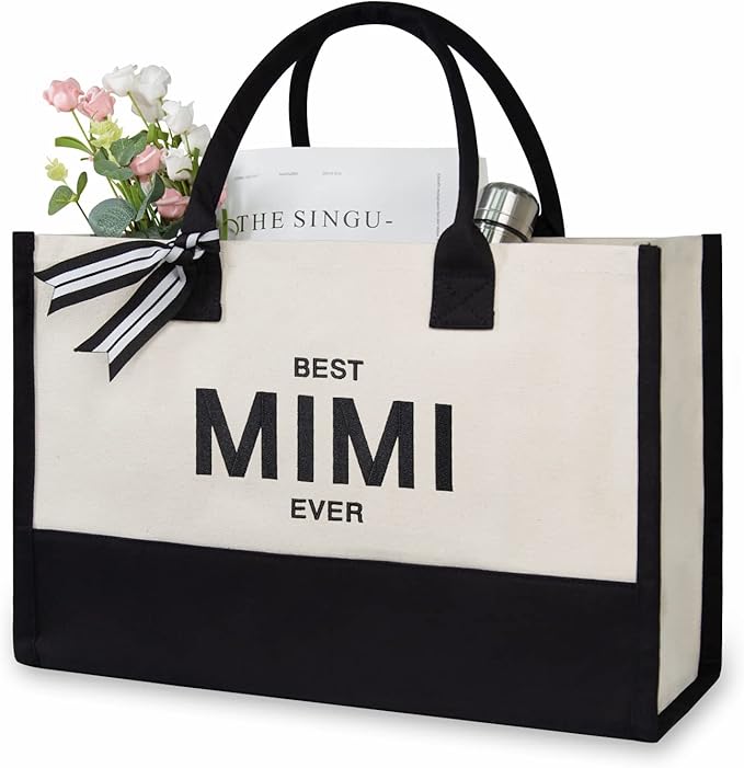 TOPDesign Embroidery Canvas Tote Bag for Women, Mimi Gifts for Grandma from Grandchild Granddaughter Grandson, Personalized Birthday, Mothers Day Present, Ideal for Beach, Holiday