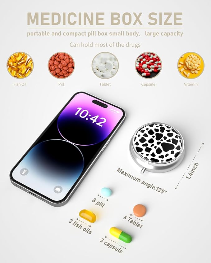Pill Box, 3 Compartment Portable Travel Medicine Box with Mirror, Compact and Cute, Fits in Purse and Pocket, Medicine and Vitamin Organizer (Cow)