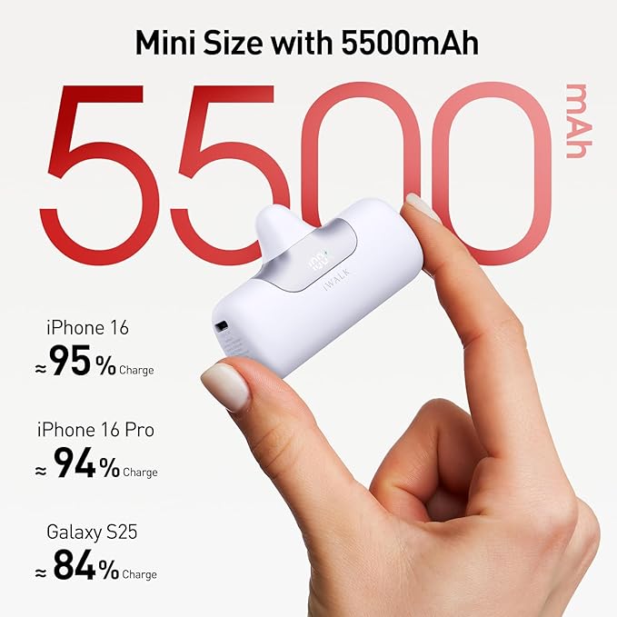 iWALK Portable Charger 5500mAh Next-Gen Small Power Bank 22.5W Fast Charging Battery USB-C Portable Phone Charger for iPhone 16/15 16 Plus 16 Pro Max iPad, Samsung Galaxy S25 S24 S23 Android, White