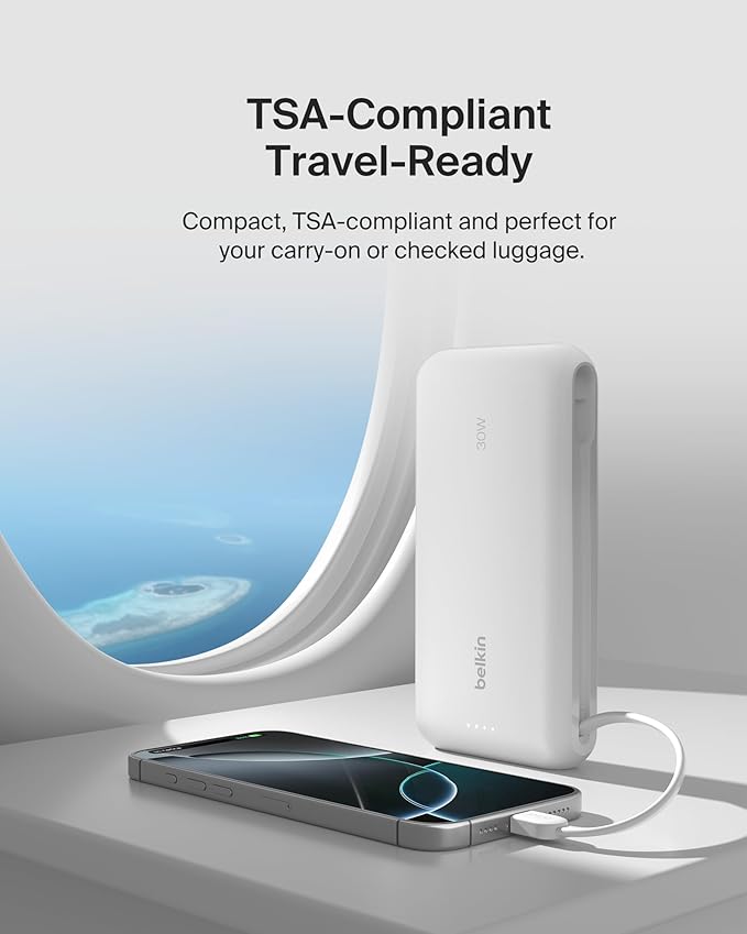 Belkin Portable Charger, Power Bank with Integrated Cable 20000 mAh 30W - Fast Charging USB C Power Delivery, iPhone Charger - iPhone 16 Series, iPad Pro, Galaxy S25 Series, & More - White