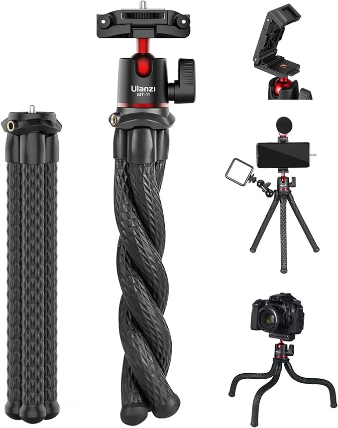 ULANZI Camera Tripod, Mini Flexible Stand w Hidden Phone Holder w Cold Shoe Mount, 1/4'' Screw f Magic Arm, Universal f iPhone 16 15 14 Pro Max XS Max X 8 Samsung Canon Nikon Sony DJ Pocket 3 Cameras