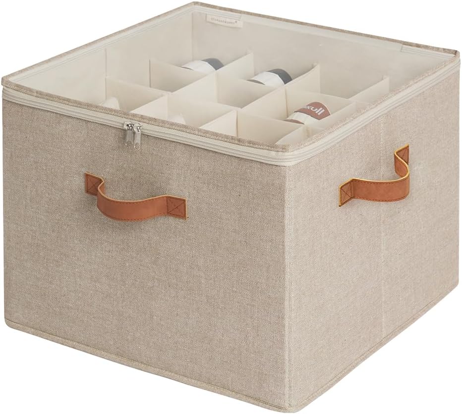 StorageWorks Shoe Organizer for Closet, Fits up to 16 Pairs, Shoe Cubby Storage Containers with Adjustable Dividers and Clear Cover, Mixing of Brown & Beige