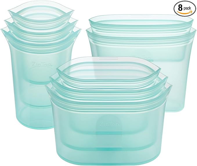 Zip Top Reusable Food Storage Bags | Full Set of 8 [Teal] | Silicone Meal Prep Container | Microwave, Dishwasher and Freezer Safe | Made in the USA