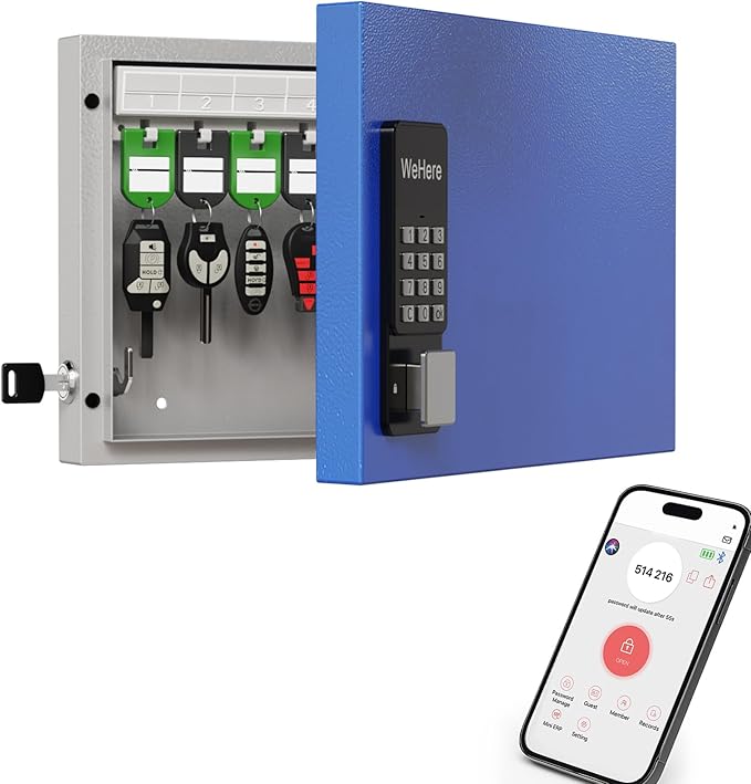 WeHere 16 Key Lock Box Wall Mount, APP Bluetooth/One Time Password Share/Wi-Fi Remote/Fixed Code/Key Unlock, Smart Key Cabinet, Key Organizer Box for Apartment, Hotel, Office, House Key Manage