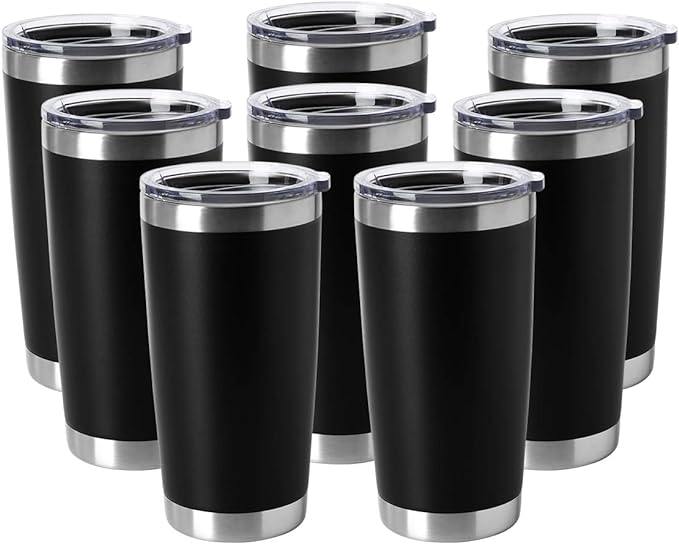 HASLE OUTFITTERS 20oz Tumblers Bulk Stainless Steel Cup with Lid Double Wall Vacuum Insulated Coffee Mug for Cold & Hot Drinks 8 Pack, Black