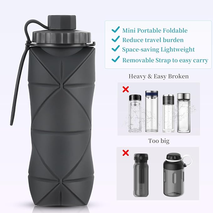 Silicone Collapsible Water Bottles,Lightweight Reusable Leakproof For Traveling Camping Hiking Cycling Sports Outdoor,Foldable Portable Travel Water Bottle 600ML Pink 1Pack.