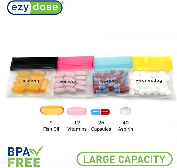 EZY DOSE Reusable 7-Day Pill Pouch Set, Durable Multi-Purpose Travel-Sized Baggies, Includes Days of The Week Labels w/Color for Easy Identification, Silicone Storage, Clear, BPA Free, TSA Approved
