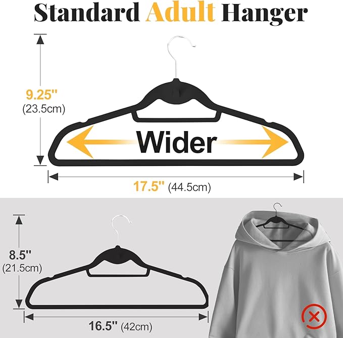 Velvet Felt Stackable Hangers 50 Pack, Non Slip, with 360° Swivel Hook, Ultra Thin and Space Saving for Suits, Shirts, Coats, 15Lbs Capacity Heavy Duty, Black