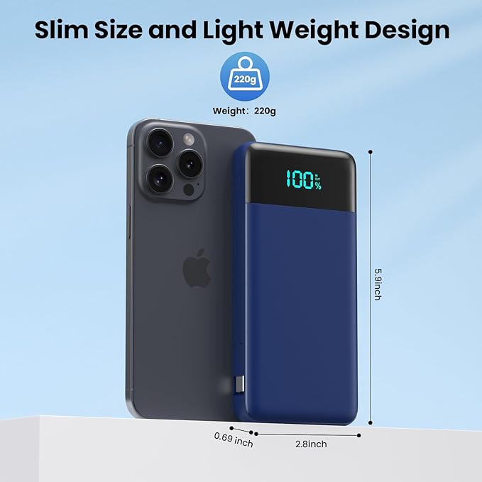 Portable Charger for iPhone with Built in Cables and Wall Plug,Upgraded 13800mAh Fast Charging USB C Power Bank,4 Outputs Travel Essential Battery Pack Compatible with iPhone 15/14/13/12,Samsung-Blue