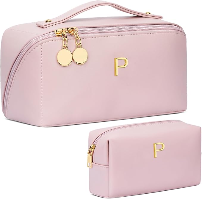 Birthday Gifts for Women Teen Girl, Personalized Initial Makeup Organizer Bag Set, Open Flat Travel Cosmetic Bag With Clear Divider and Handle(Pink,P)