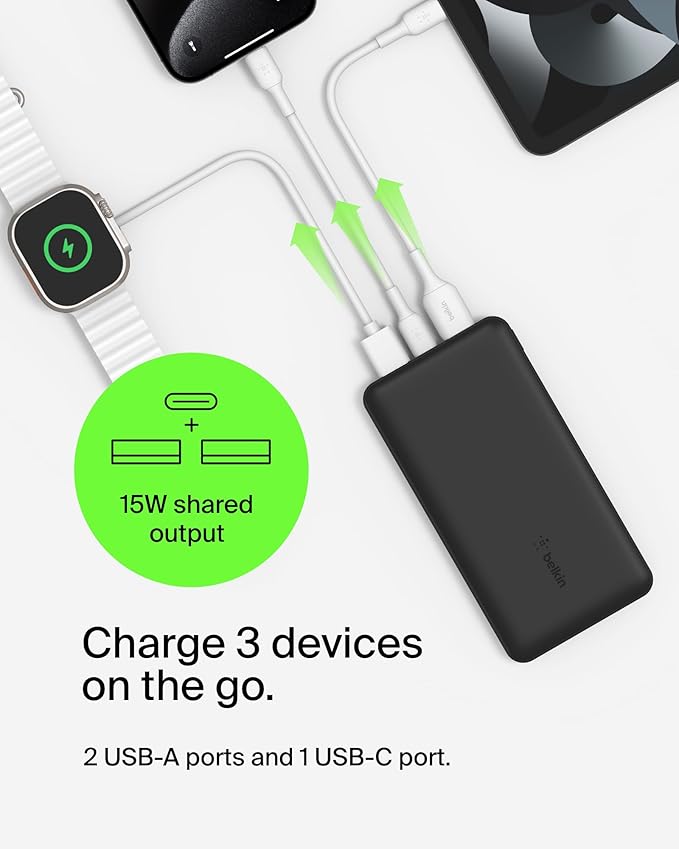 Belkin Portable Charger, USB-C Power Bank 20000 mAh w/ 2 USB-A Ports, 15W w/ Type-A to Type-C Cable for iPhone 16, 16 Plus, 16 Pro, 16 Pro Max, Samsung Galaxy S2, Google Pixel 10, etc. - Black