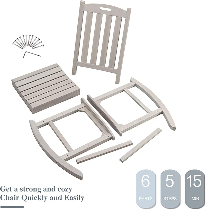 Psilvam Oversized Outdoor Rocking Chair Set of 2, Porch Rocker with 21" Wide Seat and 32" Tall Backrest, Pre-Assembled with Most Components for Effortless Installation (Grey)