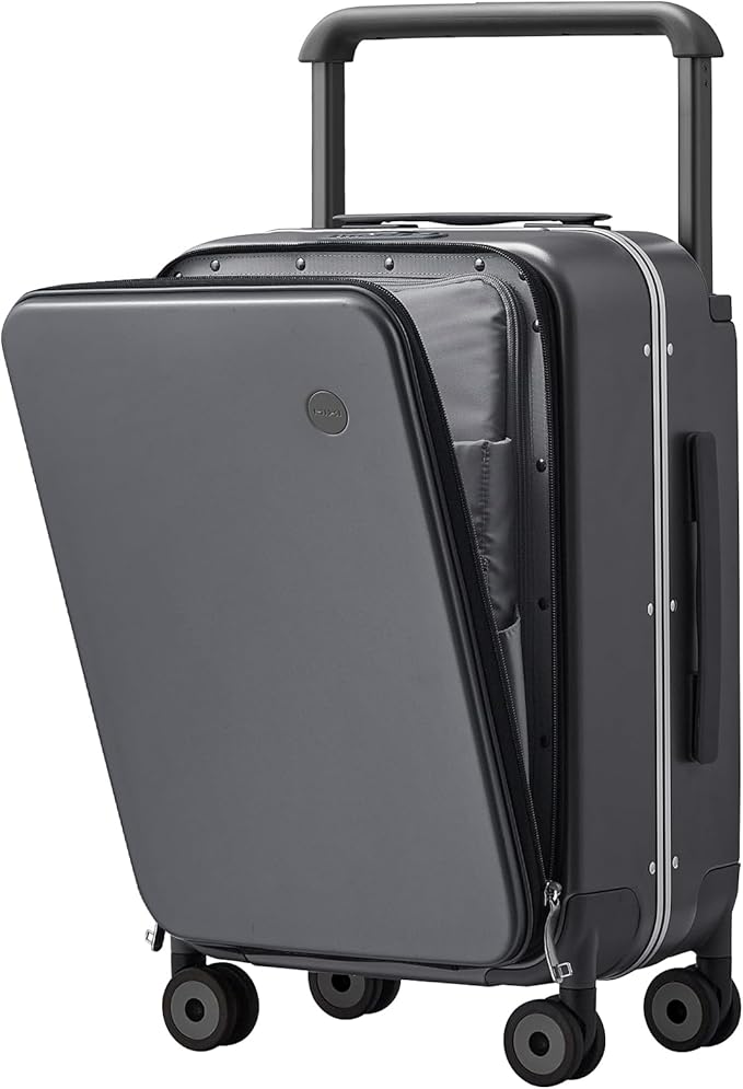 mixi Carry On Luggage Wide Handle Luxury Design Rolling Travel Suitcase PC Hardside with Aluminum Frame Hollow Spinner Wheels, with Cover, 20 inch, Rock Grey
