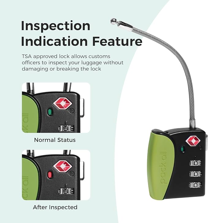 pack all TSA Approved Cable Luggage Locks, 3 Digit Combination Padlocks, Travel Lock for Suitcases & Bag, Alloy Body, Travel Accessories (4 Pack)（Apple Green）