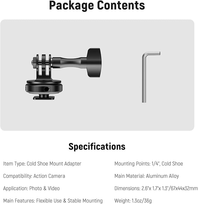 NEEWER Action Camera Cold Shoe Mount Adapter Compatible with GoPro Accessories Go Pro DJI Insta360 AKASO, Metal 1/4" Thread Hot Shoe Mount for Mini Tripod Selfie Stick, 180° Tilt, GP-63